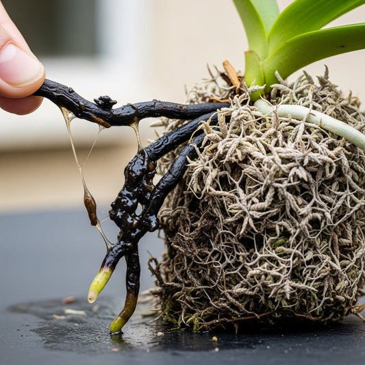 Black mushy orchid root being pulled from dried sphagnum moss rootball
