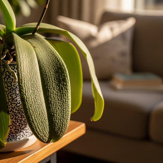 Orchid with wrinkled puckered leaves drooping on a side table