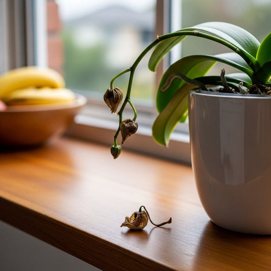 Orchid spike with dried brown buds that dropped before opening