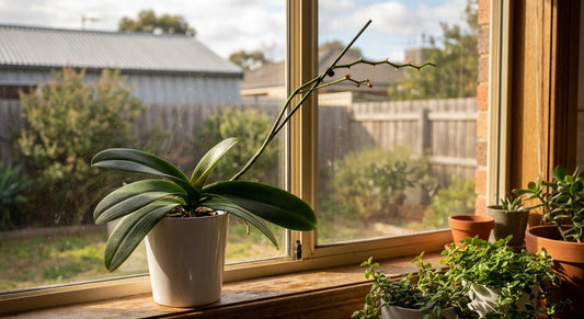 Orchid with green leaves but no flower spike on a windowsill