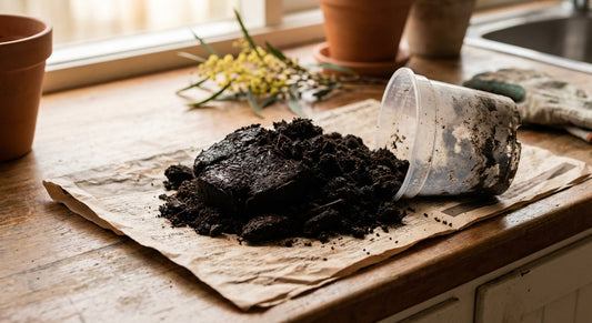 Dark decomposed orchid potting mix tipped from clear pot onto newspaper