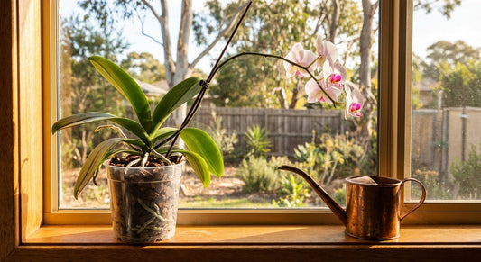 Orchid in clear pot on kitchen windowsill with visible roots and watering can