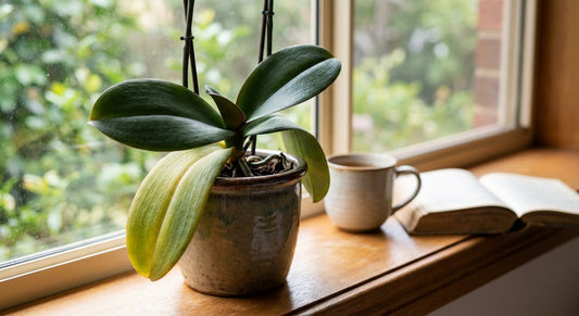 Orchid with yellowing lower leaf on a sunny windowsill