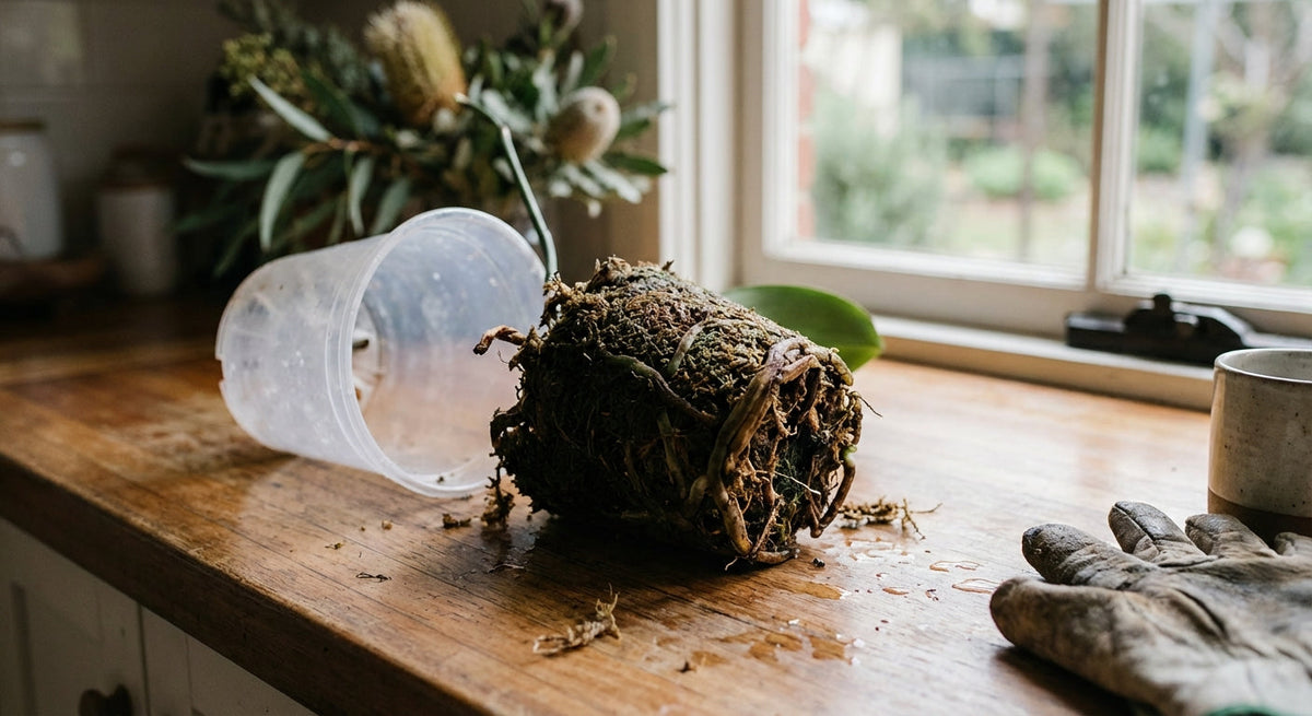 Orchid removed from pot with soggy sphagnum moss rootball