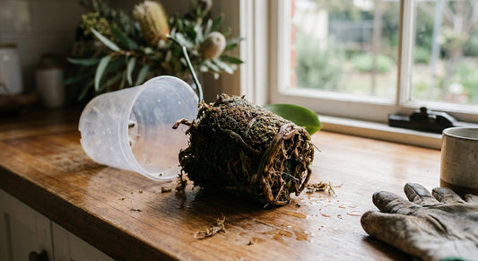 Orchid removed from pot with soggy sphagnum moss rootball